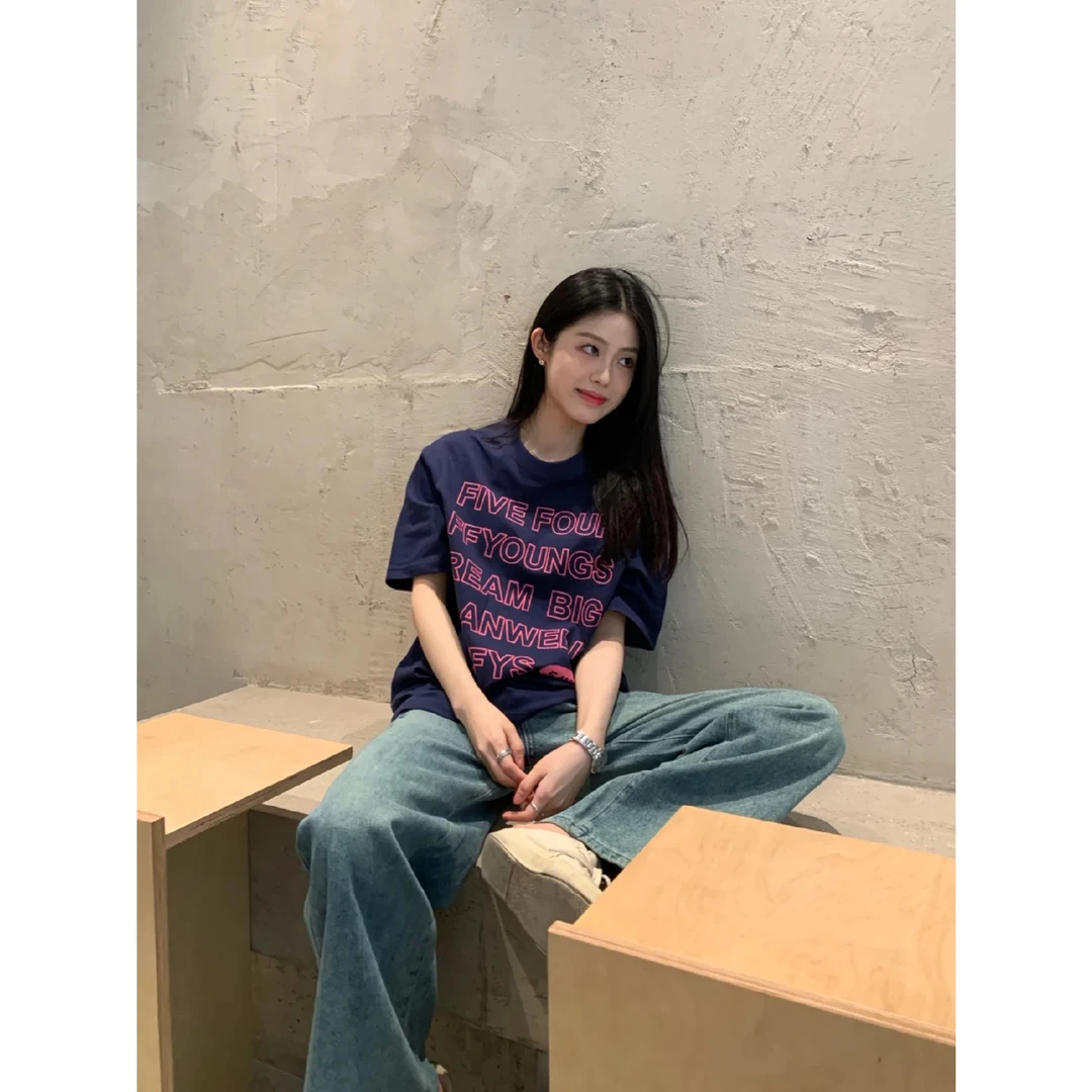 纯棉美式正肩t恤女2024新款夏季设计感小众半袖体恤ins潮