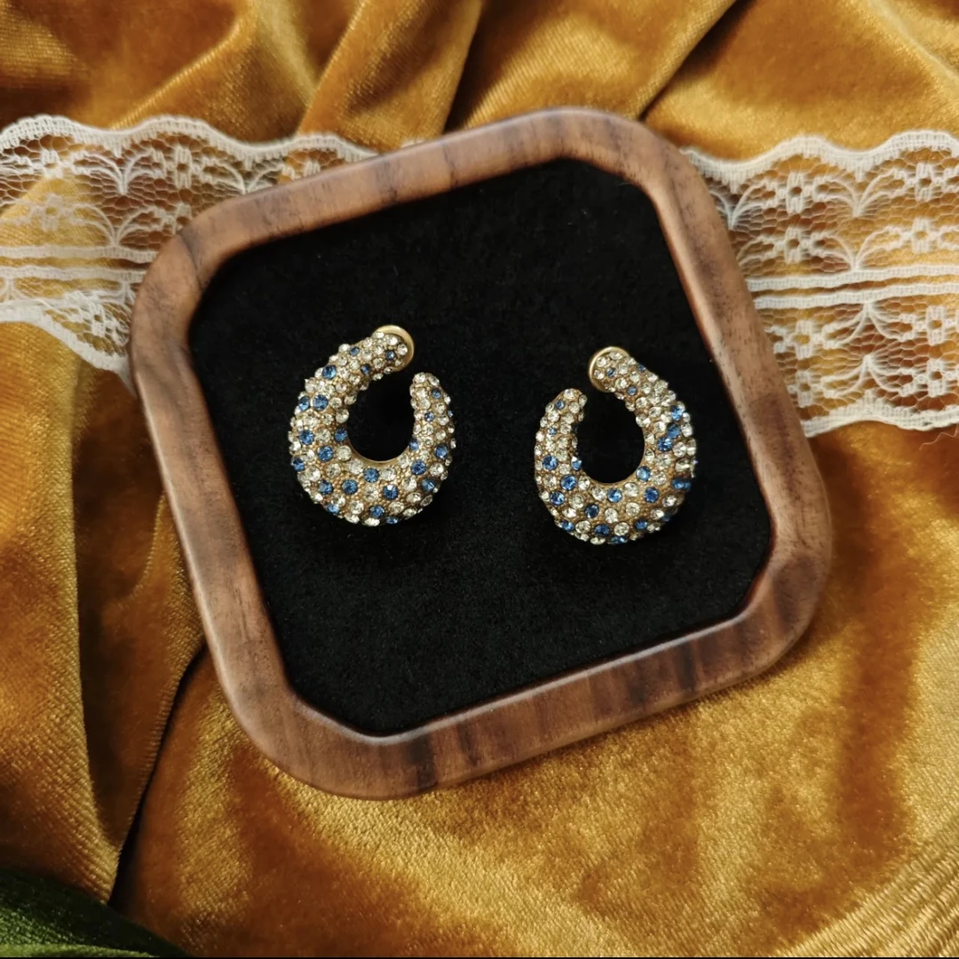 黄铜合成锆石耳饰 时尚复古VINTAGE 满镶清新蓝白钻钻耳饰