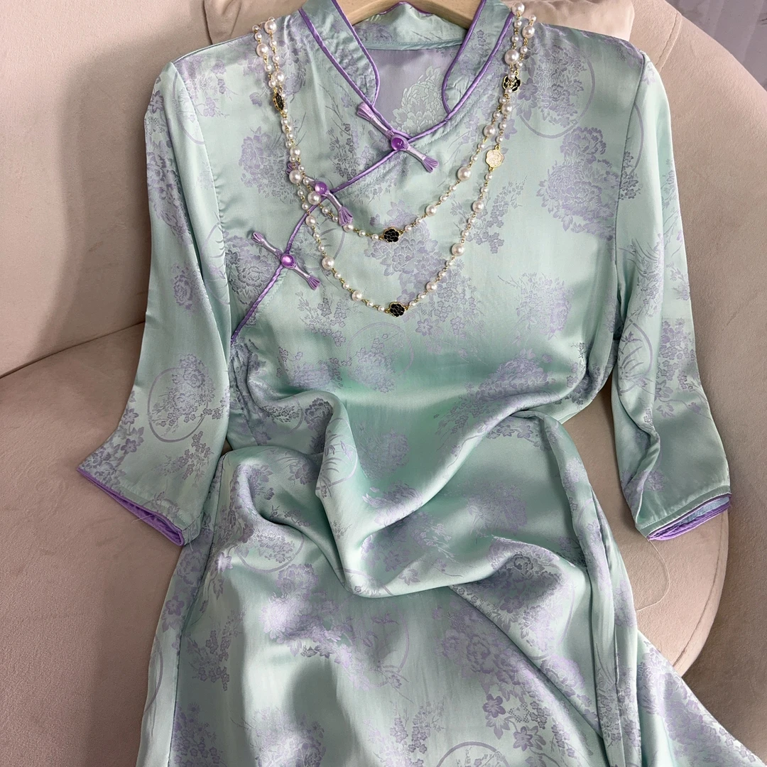 5192款新中式长款连衣裙【紫蓝】