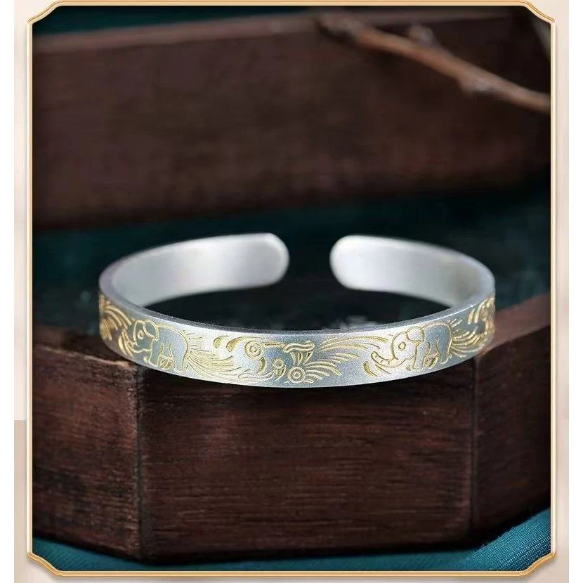 足银手镯 12足银999.9古法传承描金吉象银手镯女小众民族风镯子