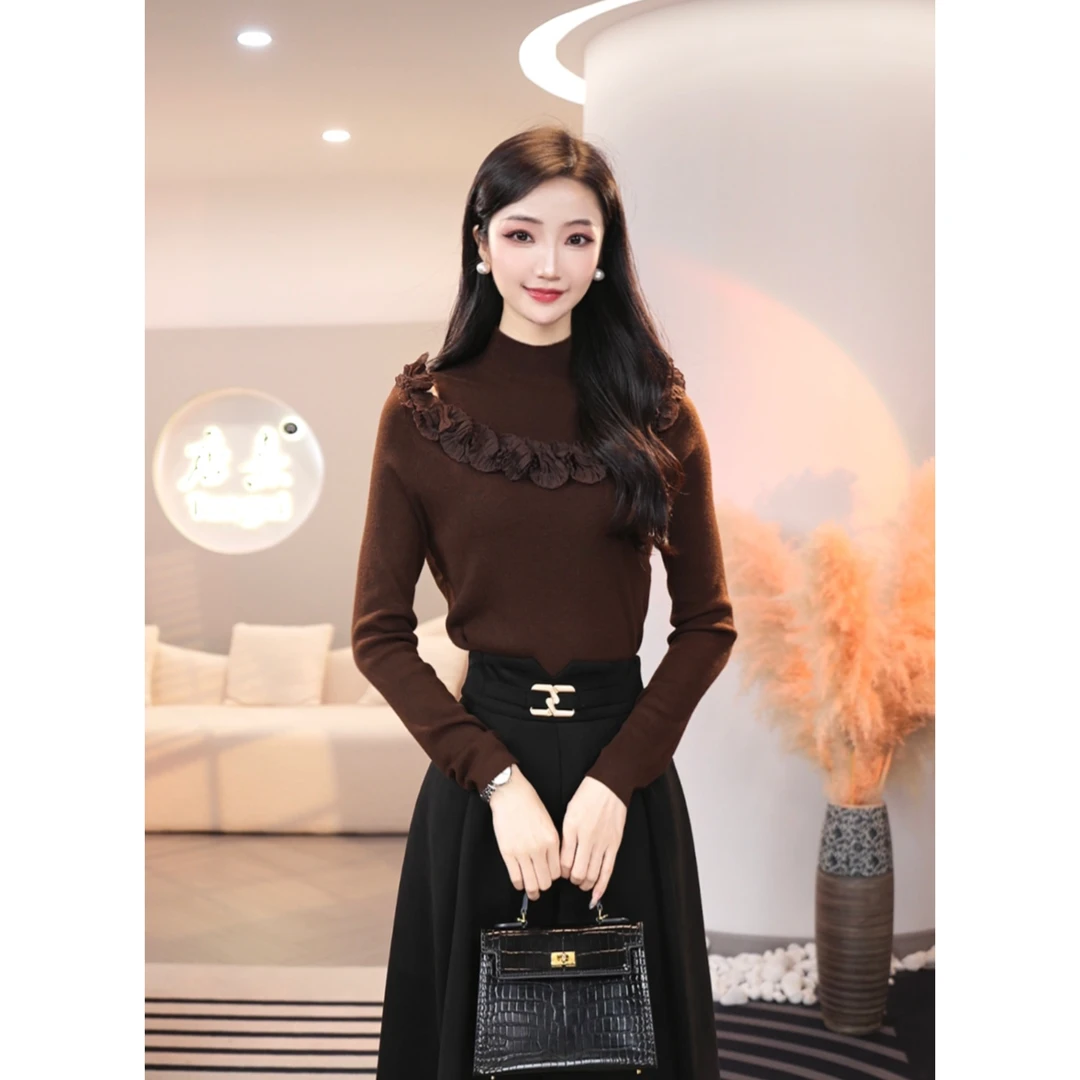 唐熹2025新款【JR-17】含绵羊毛针织衫镂空盘花咖色修身百搭毛衣