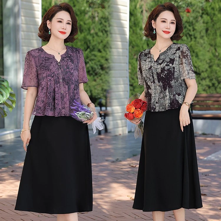 中老年假两件连衣裙夏季薄款短袖妈妈装裙子洋气女装奶奶装衣服