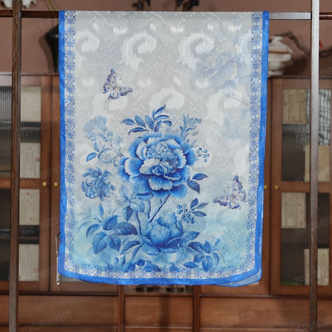 新【C63-98青花牡丹】180*70丝巾剪花气质双面夏季提花老料围巾