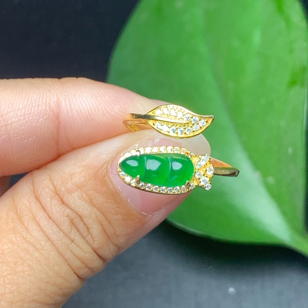 翡翠戒指翡翠戒指银天然翡翠A货阳绿福豆戒指正品翡翠阳绿豆子