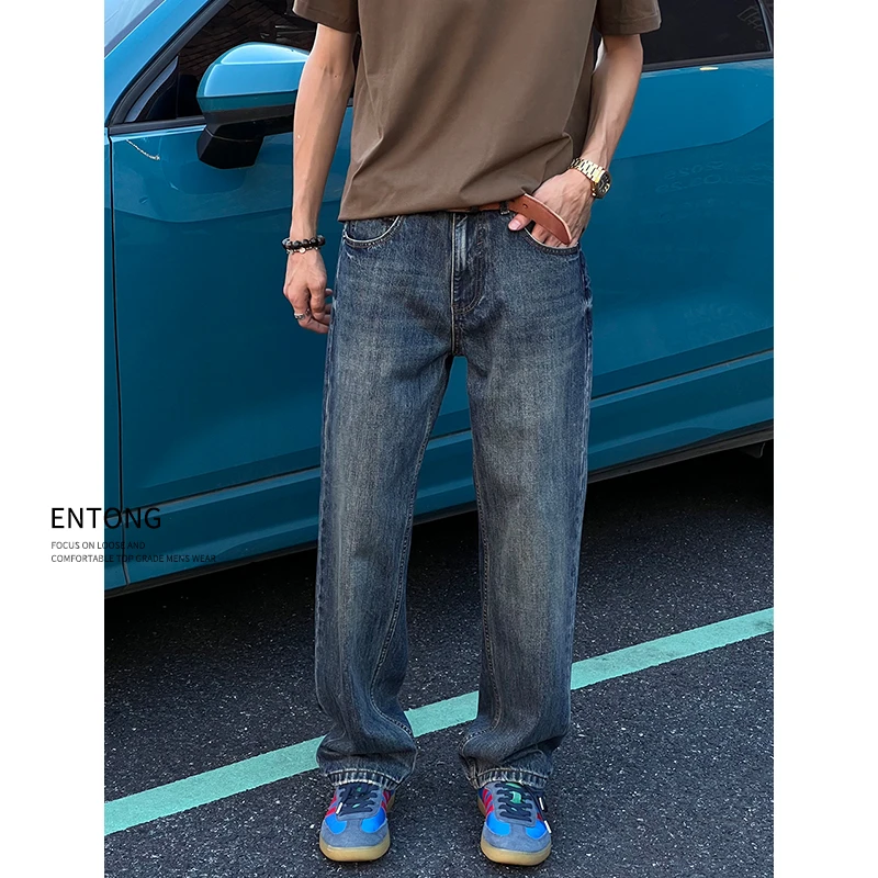 Entong美式复古水洗牛仔裤男款潮流百搭宽松直筒裤子痞帅休闲长裤