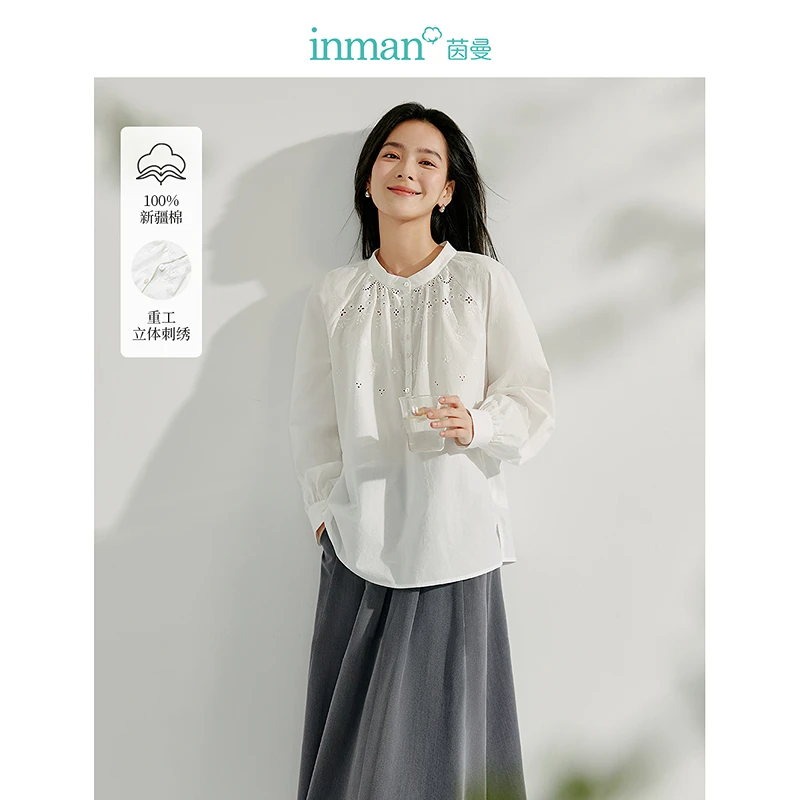 【欧若风新品】茵曼春季法式重工刺绣衬衫半开襟圆领插肩长袖上衣女