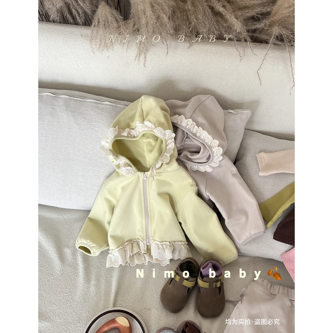 NIMO【青芒】韩版秋款女宝宝纯色经典百搭花边休闲长袖卫衣外套