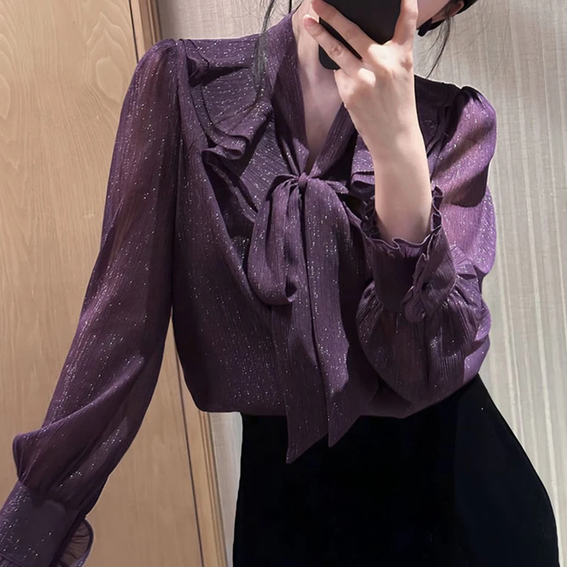 2025秋季新款女法式紫色长袖衬衫洋气减龄休闲显瘦设计感绑带上衣