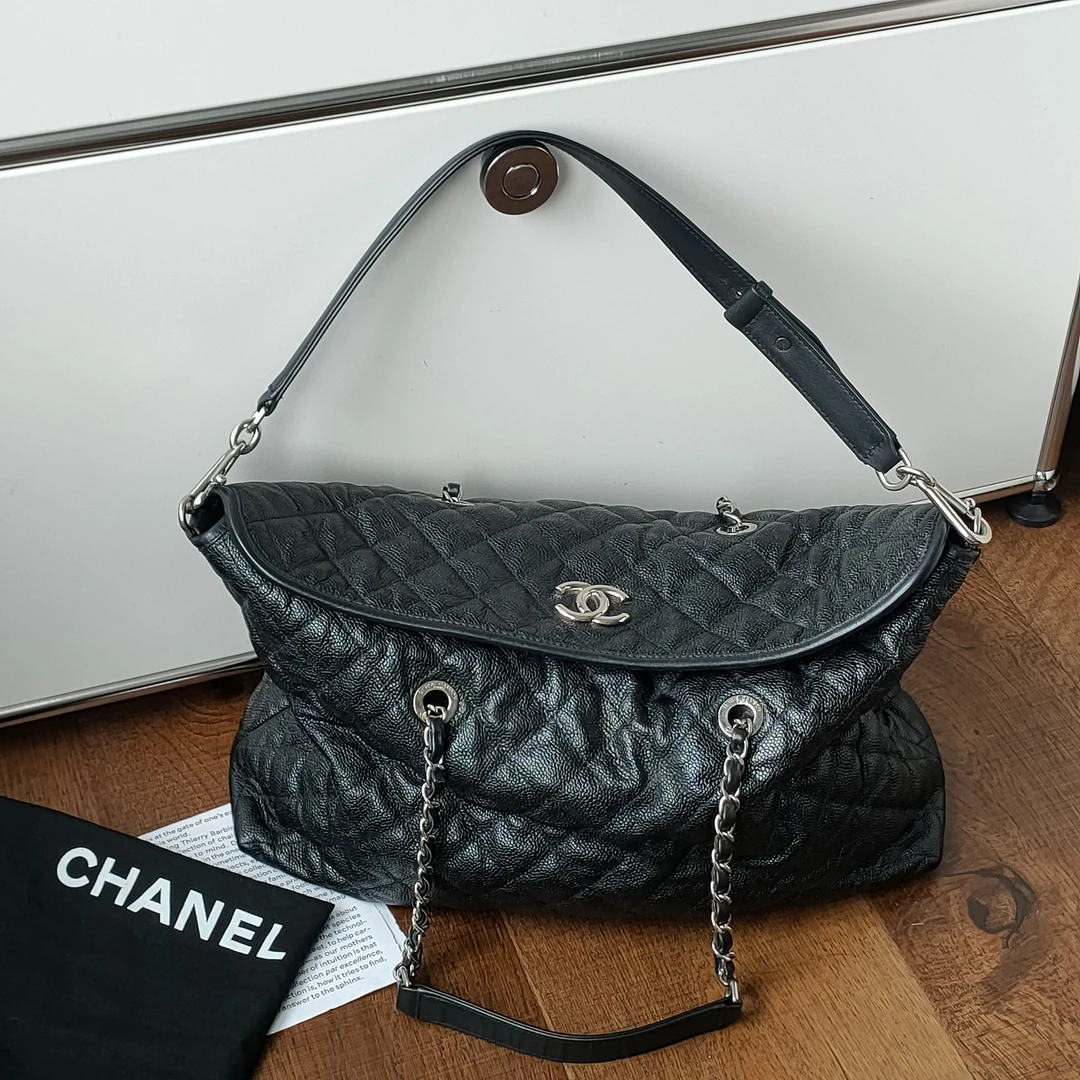 95新 Chanel/香奈儿 Azul-黑银荔枝皮2Ways托特包49742