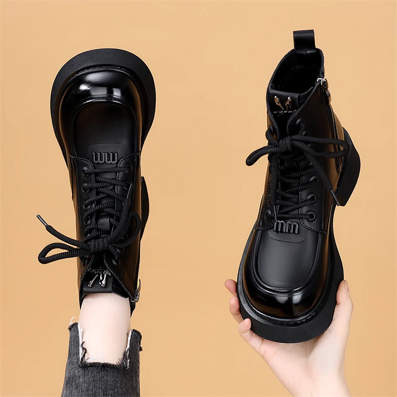 女英伦风秋冬马丁靴短款厚底百搭皮靴系带冬季加绒圆头时尚女鞋