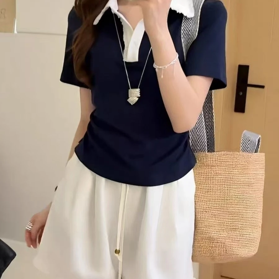 2025夏季新款百搭宽松显瘦翻领减龄短袖T恤F0816