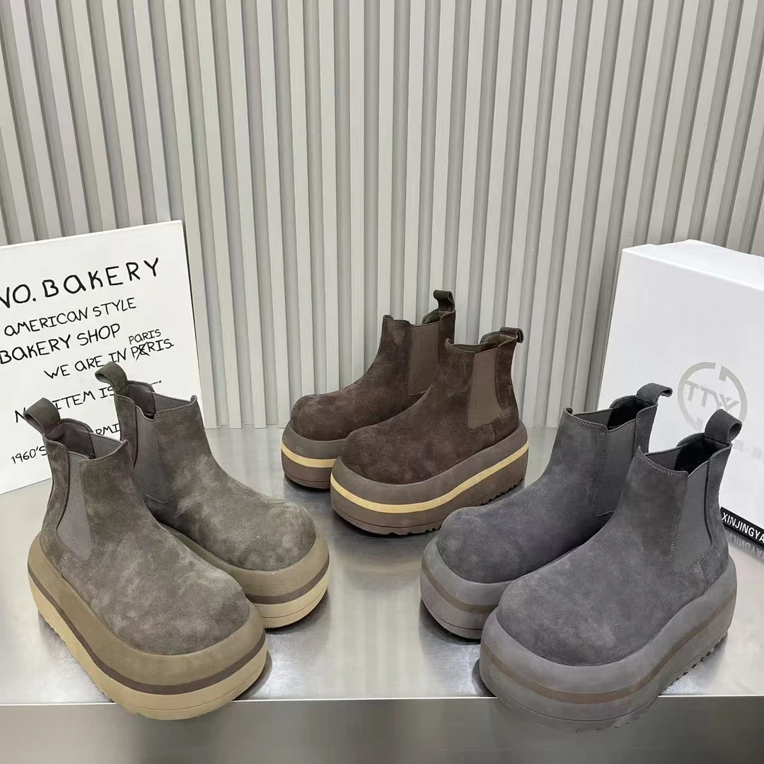 欧货磨砂皮松糕厚底马丁靴女2024秋冬加绒粗跟增高短靴切尔西靴潮