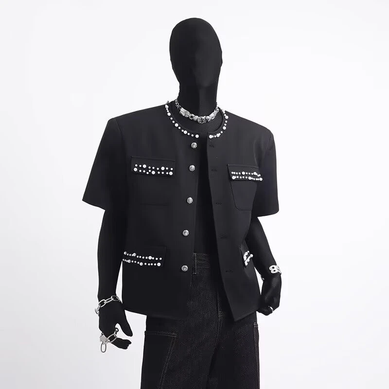 夏季纯色短袖夹克外套男生潮流设计感珍珠小香风短款宽松垫肩夹克