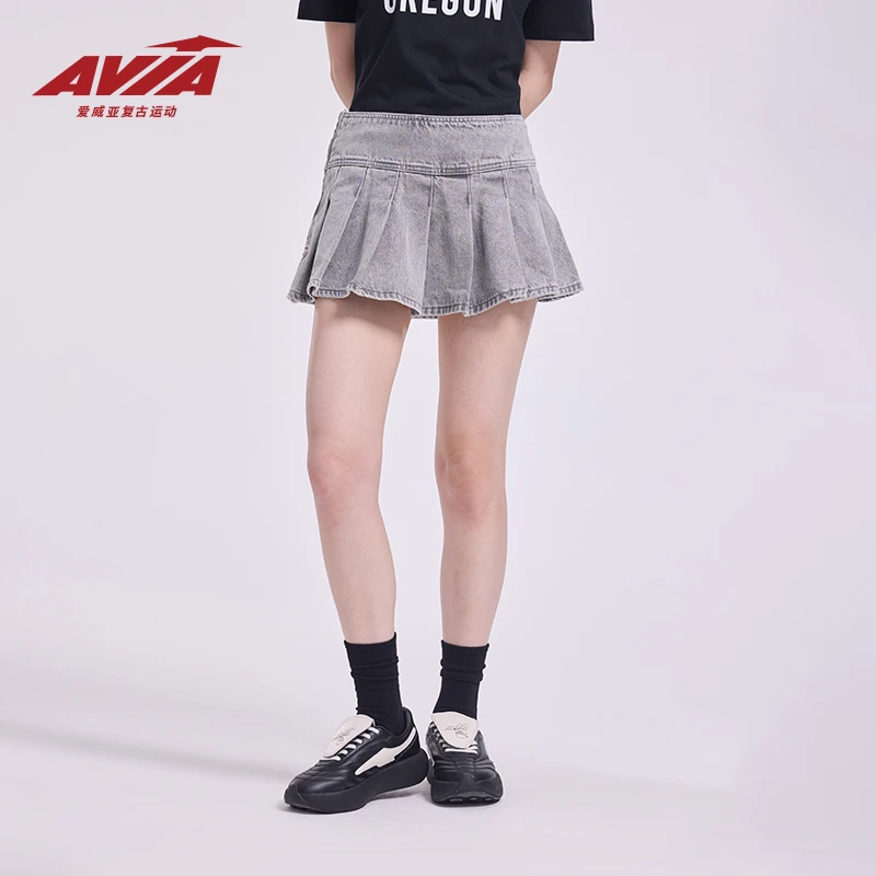 AVIA爱威亚复古牛仔水洗短裙百褶裙防走光2025年春夏新款半身裙