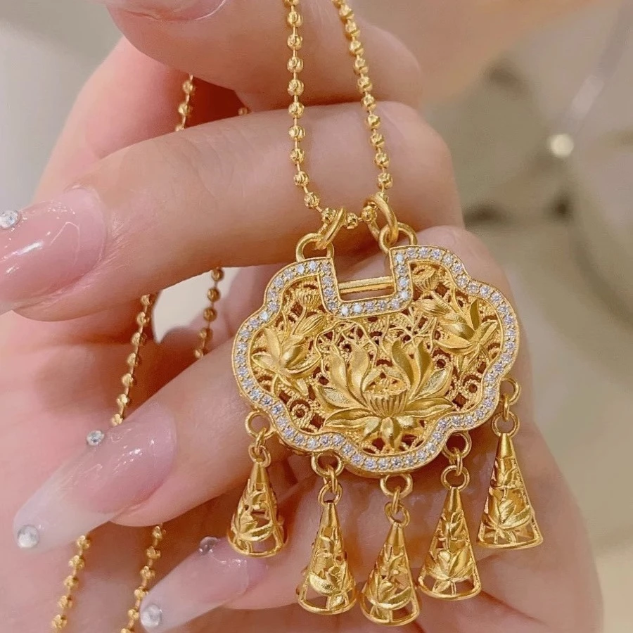 铜合金项链 黄金色莲花项链古法同心锁吊坠富贵精致平安锁包项链