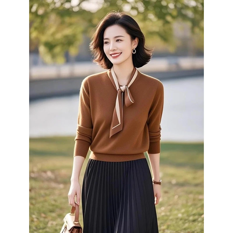 咖色系带蝴蝶结修身针织衫女夏季2025新款欧货高级感