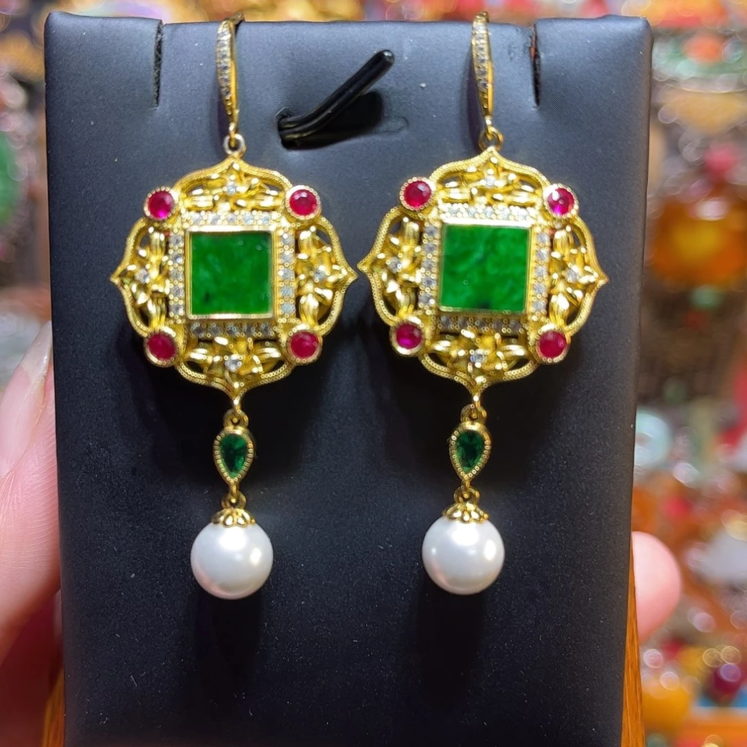 翡翠银S925镀金镶嵌耳坠福利款