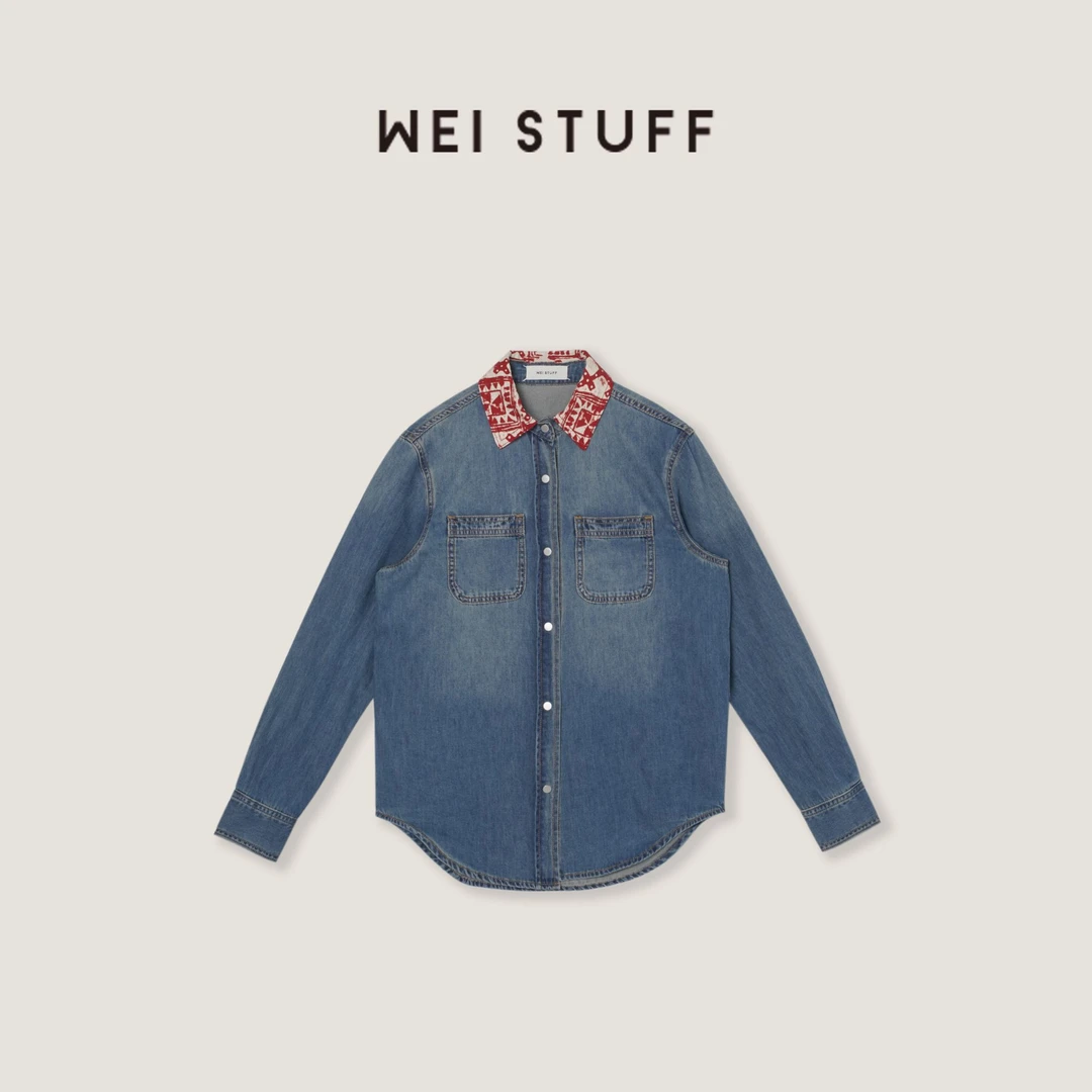 WEI STUFF  “巴黎蓝调” 时尚复古百搭宽松拼接翻领休闲衬衫 9678