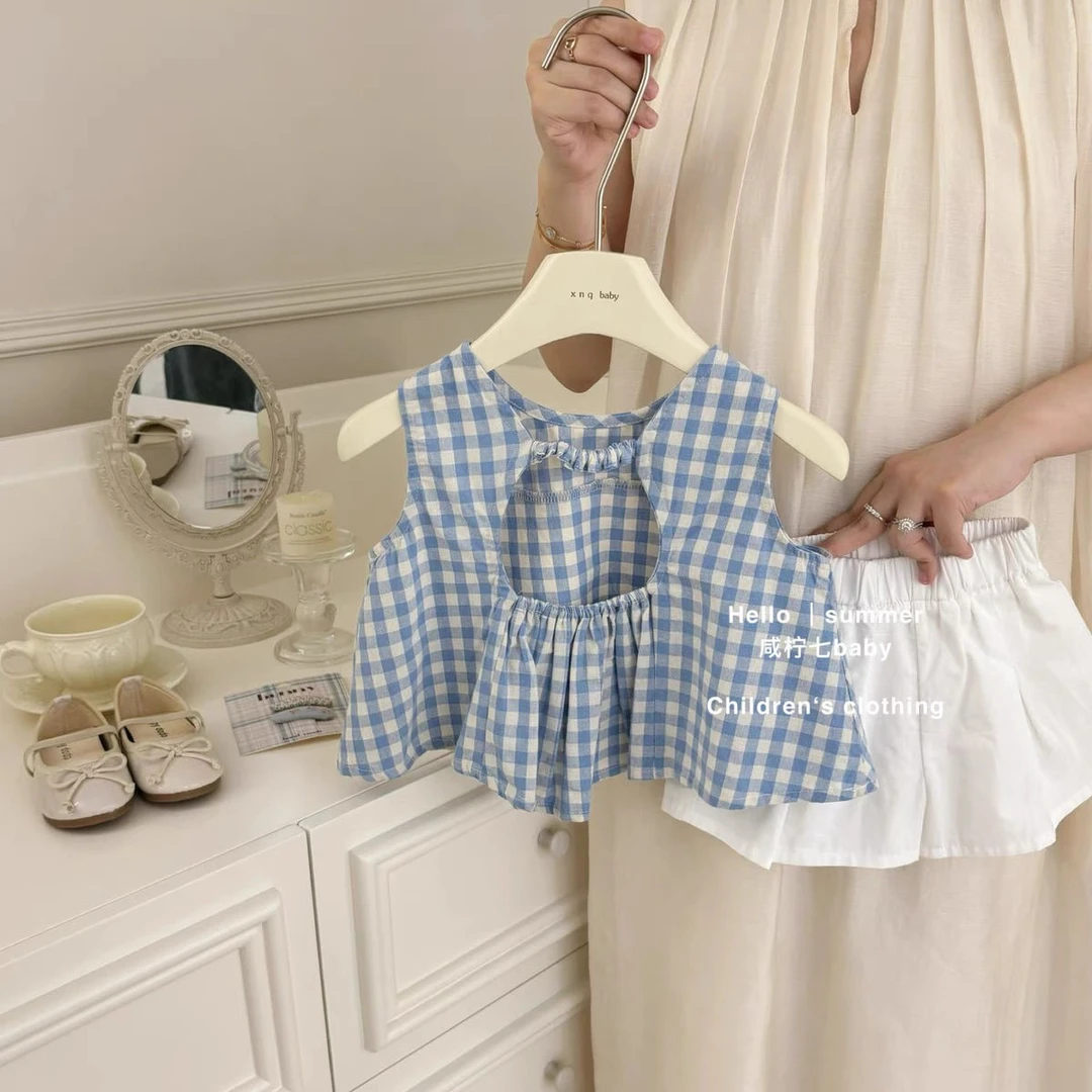2025夏季女童露背娃娃衫上衣韩系儿童夏小清新甜美格子背心短裤
