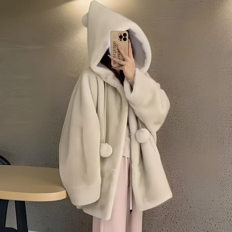 中长款女保暖毛呢外套宽松求婚加绒带帽秋冬季毛绒百搭上衣连帽