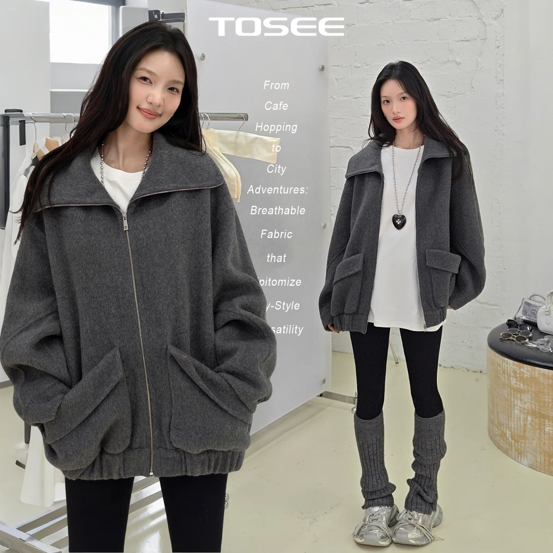 TOSEE 斗篷款！大翻领绵羊毛双面呢大衣短款外套冬新款TO254SZ0332