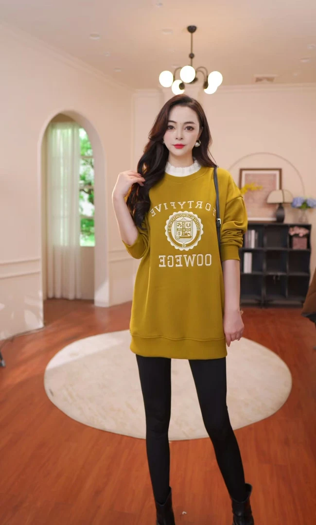 常规字母女中长款2025年新款不褪色长袖卫衣宽松假两件加绒