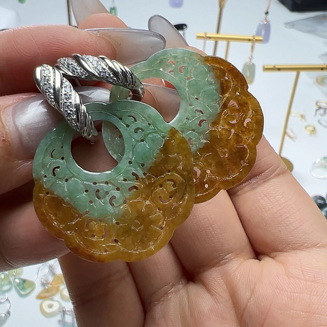 翡翠银S925镶嵌耳饰天然缅甸A货翡翠