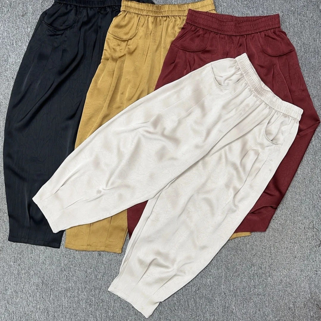 2024时尚百搭宽松休闲醋酸缎哈伦裤显瘦夏季松紧腰纯色高腰女士