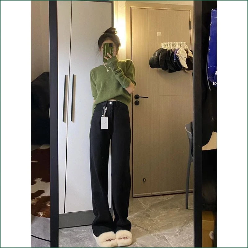 秋冬黑色直筒牛仔裤女新款高腰春秋宽松显瘦遮肉梨型身材窄版阔腿
