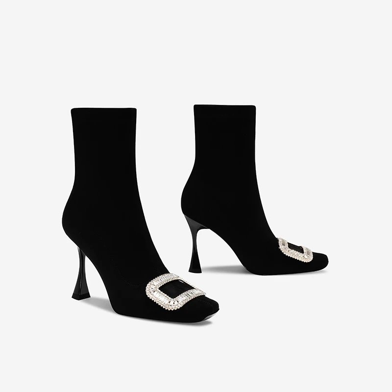 水钻方扣高跟瘦瘦靴女2025秋冬新款黑色弹力靴子法式细跟通勤短靴