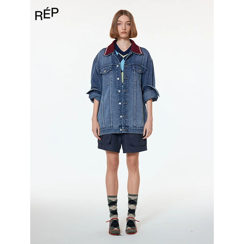 UHOOWU设计师品牌牛仔蓝可拆卸螺纹领牛仔夹克25PS TheREPUBLIQUE
