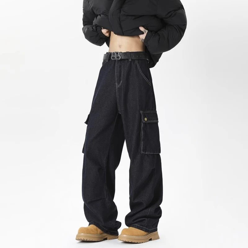 藏青色工装牛仔裤男直筒修身美式复古裤子潮宽松百搭炸街休闲长裤