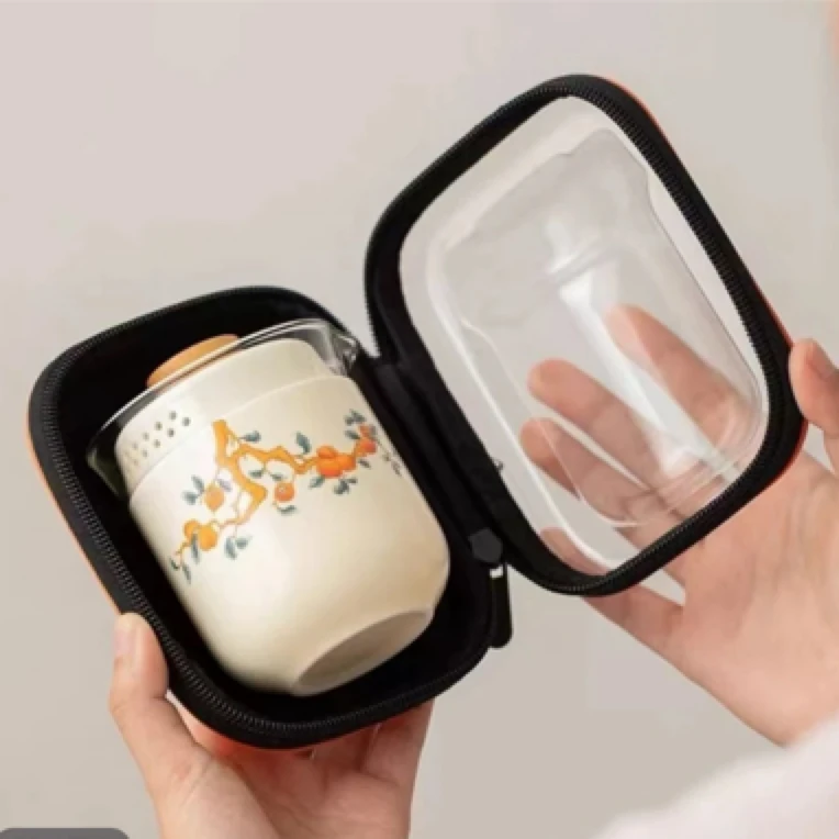 G030柿子树奶油黄旅行茶器