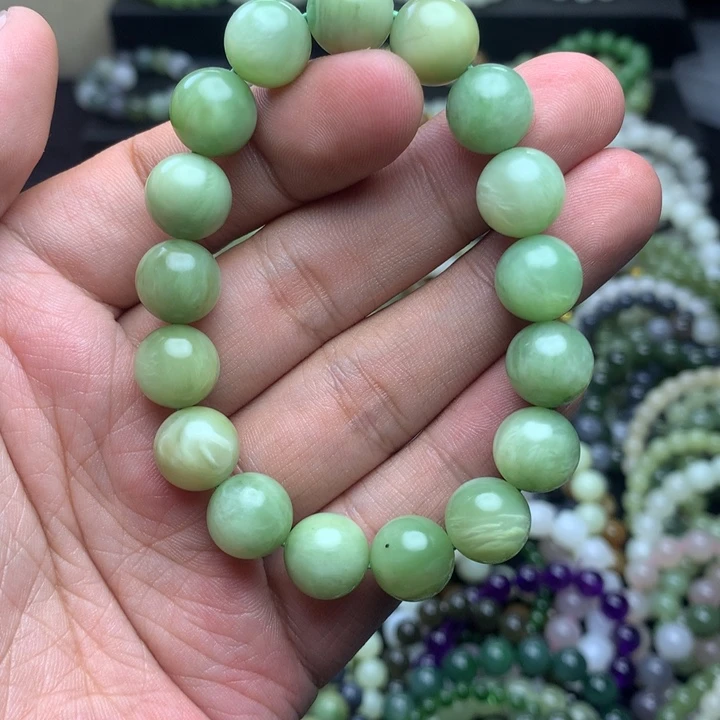 和田玉未镶嵌手串黑羊洞碧玉 薄荷绿珠精品