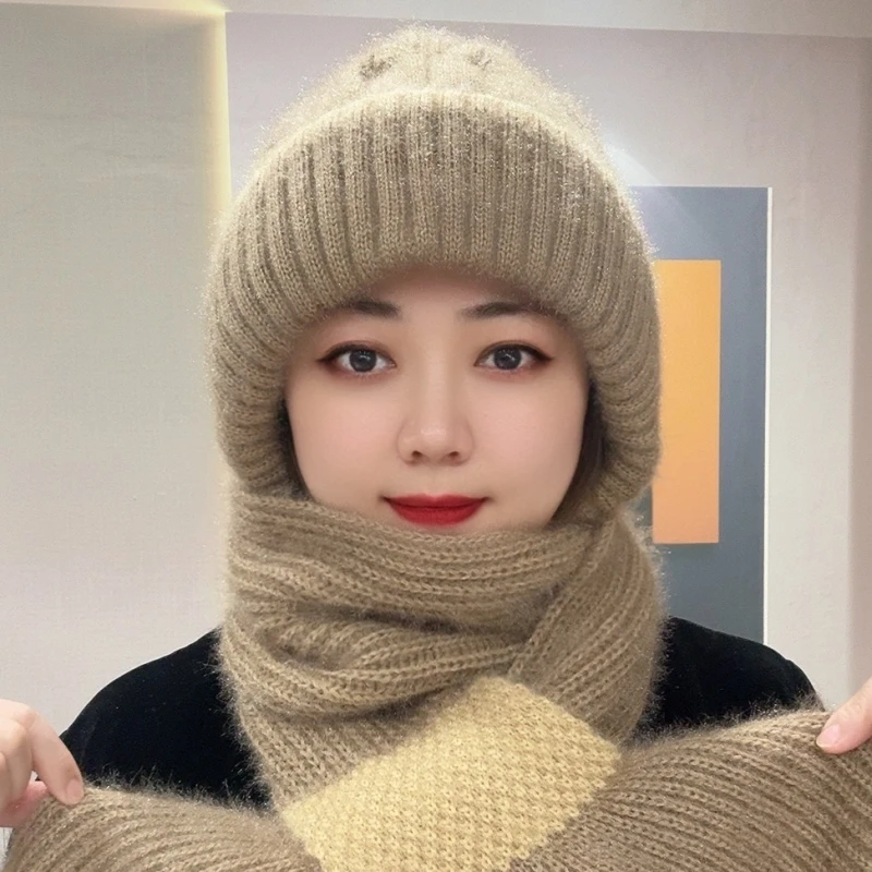 【内里加绒 双拼新款】手工编织松鼠绒帽子针织女秋冬围巾一体帽