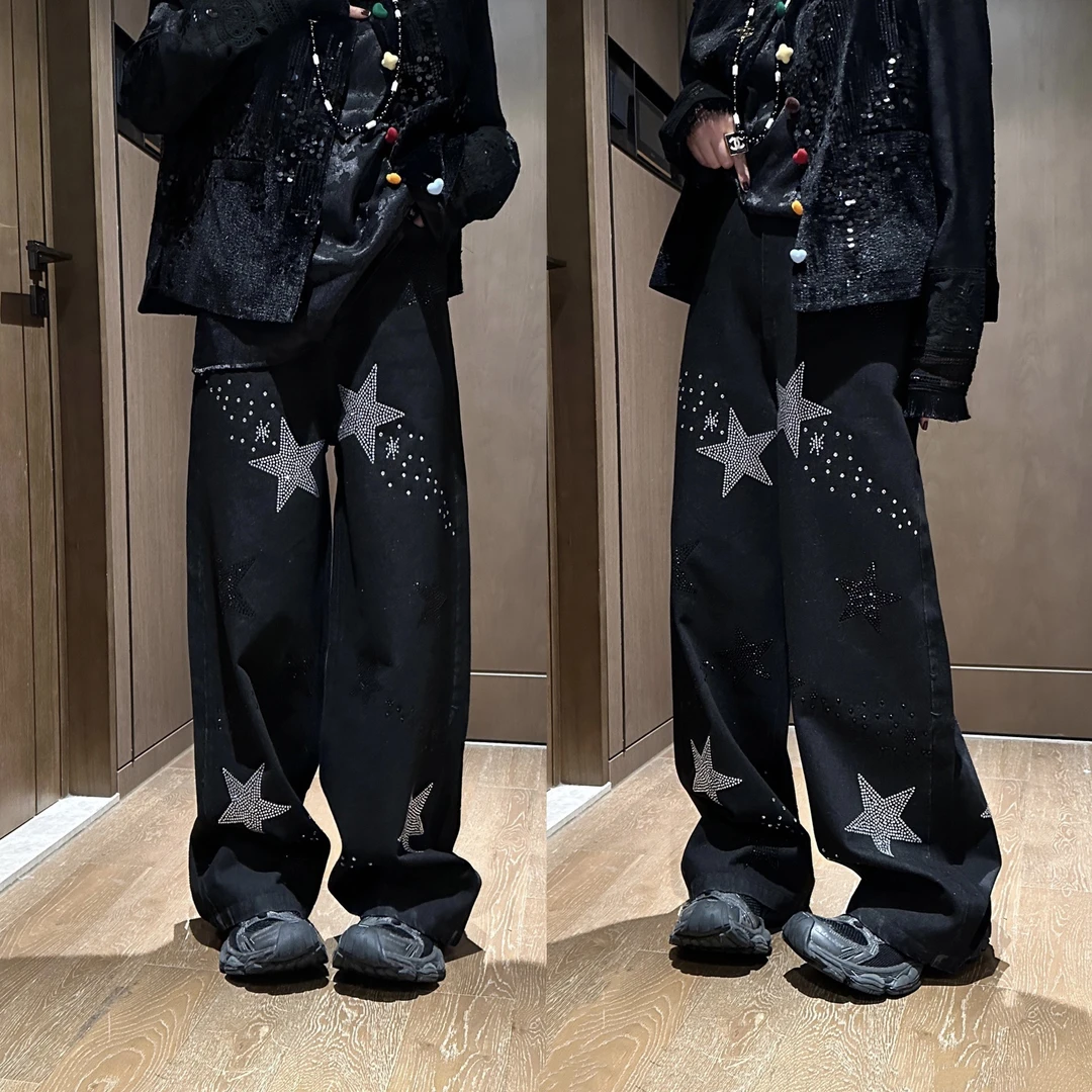 YDFSTUDIO小众【五角星钻】早春欧货高定侧松紧烫钻设计时尚牛仔裤