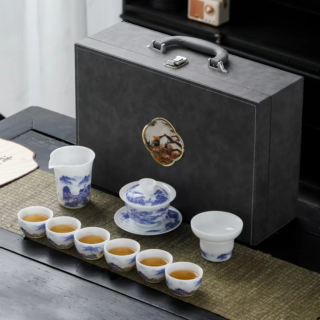 高档冰种手绘花影山水茶碗礼盒装功夫泡茶家用高端茶杯敬茶碗