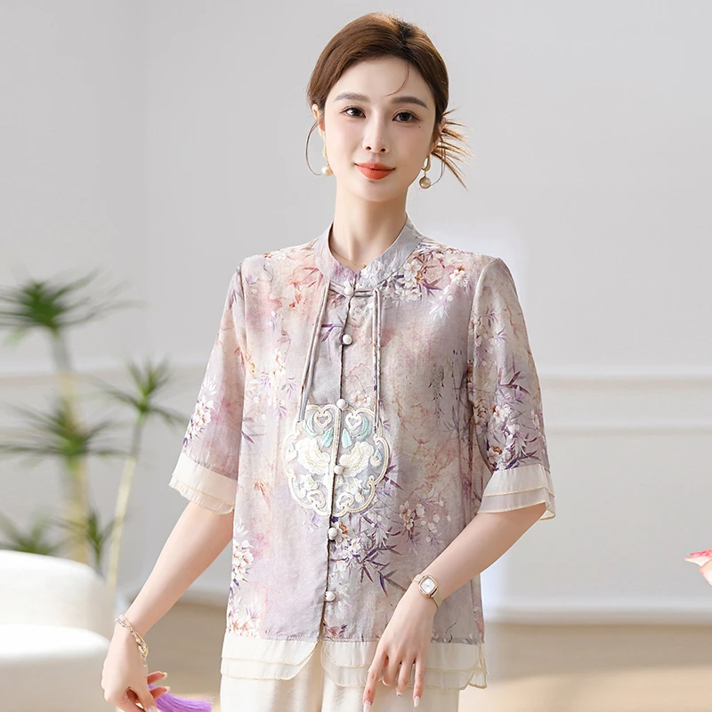 新中式年轻妈妈夏季新款国风中年衬衫套装宽松显瘦气质百搭小衫