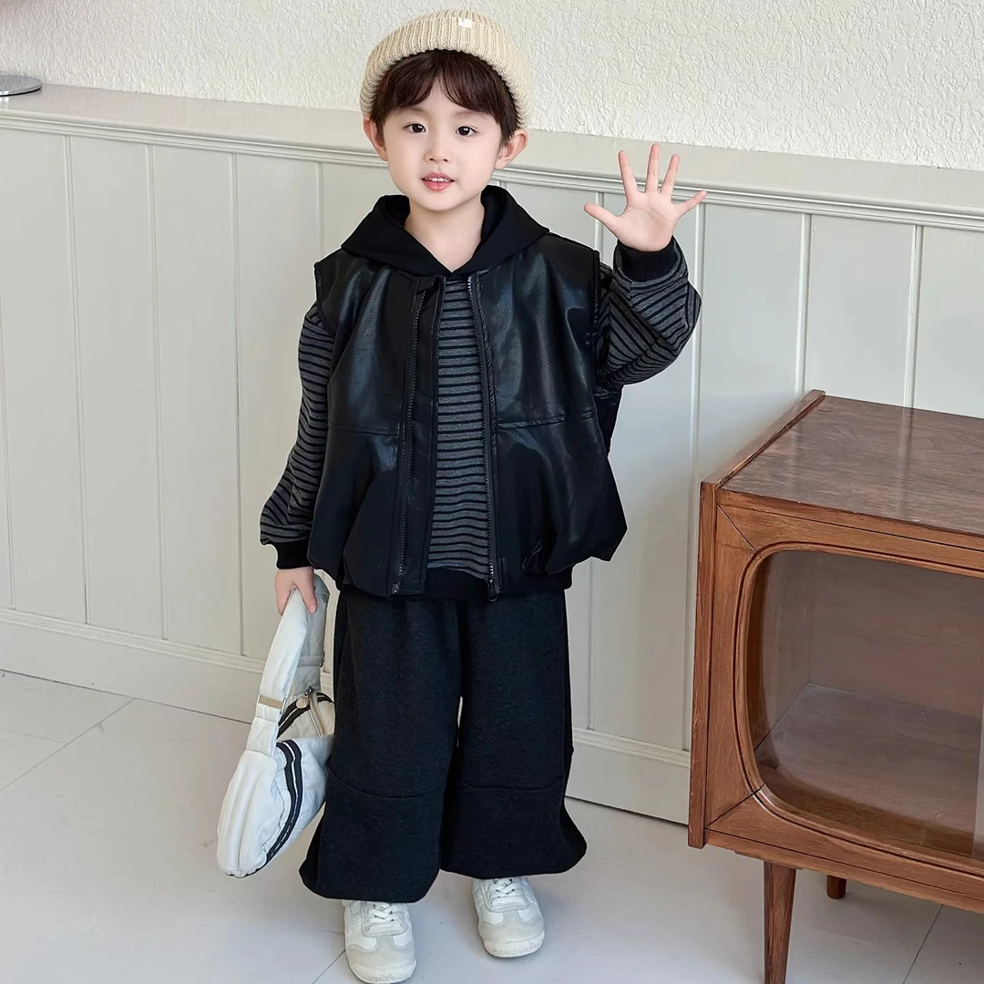 韩版男童马甲套装2025新款男孩秋季洋气条纹卫衣儿童超好看三件套