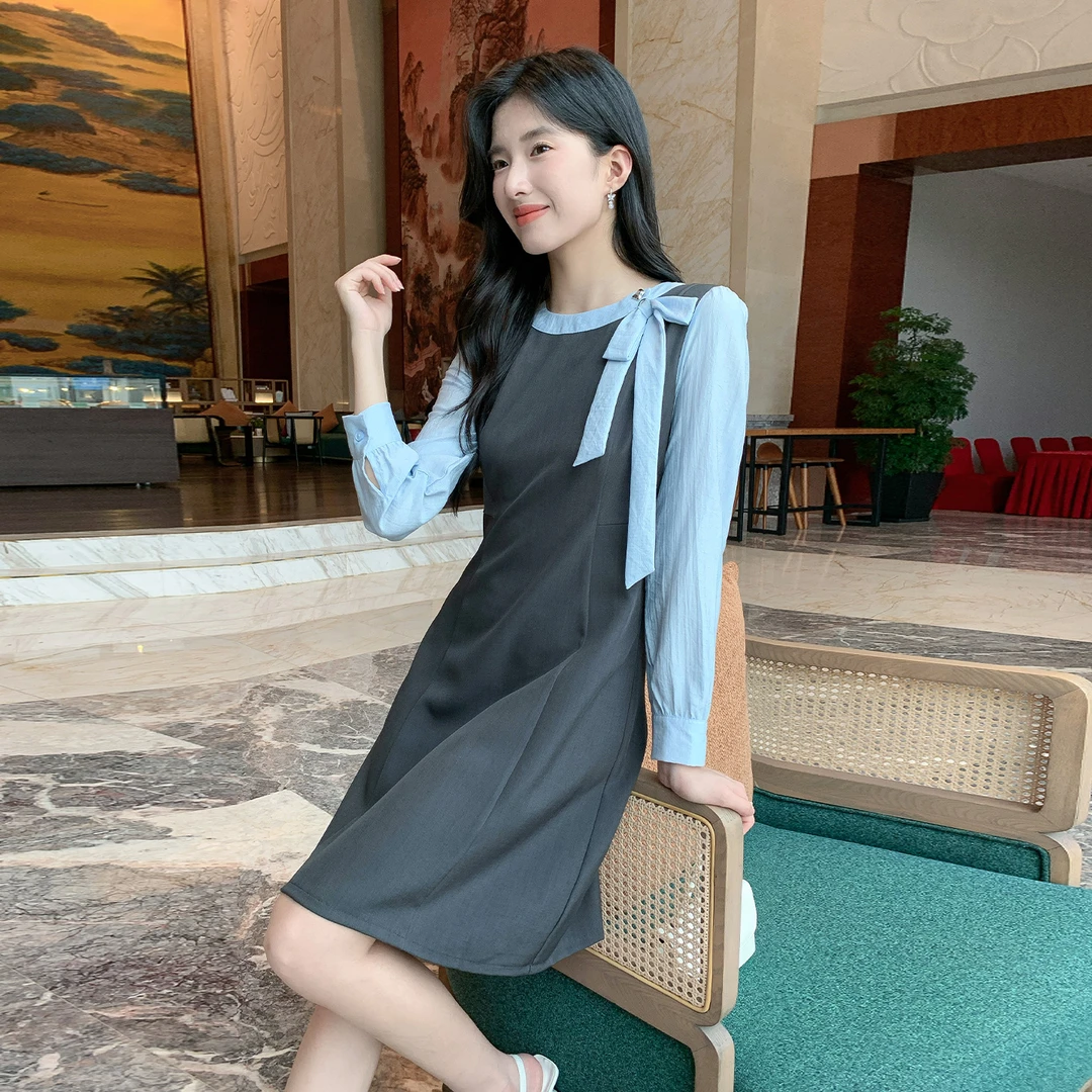 【奢姿】大女装2025秋季时尚拼色系带连衣裙胖妹妹气质优雅减龄裙子