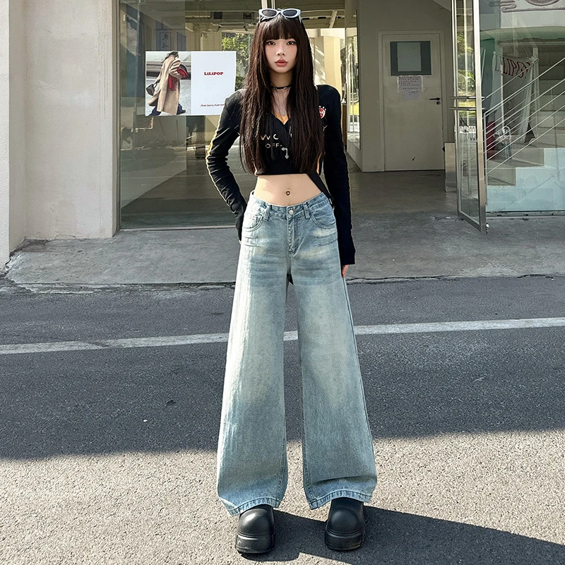 MNVZ复古蓝直筒牛仔裤女春季新款阔腿街头风大版百搭宽松高腰裤子