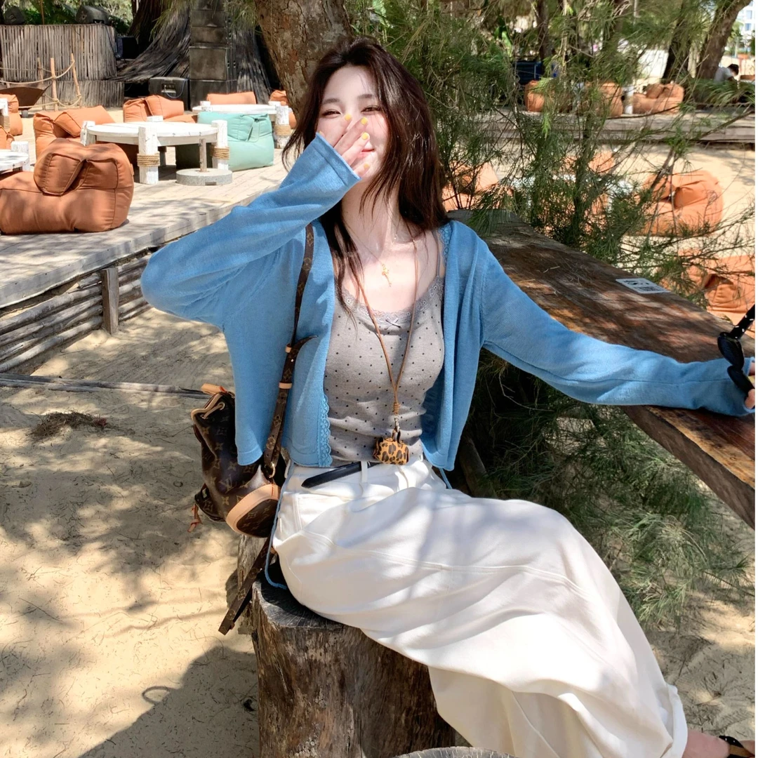 韩版防晒长袖开衫女时尚套装小众内搭吊带上衣设计感高腰阔腿裤子