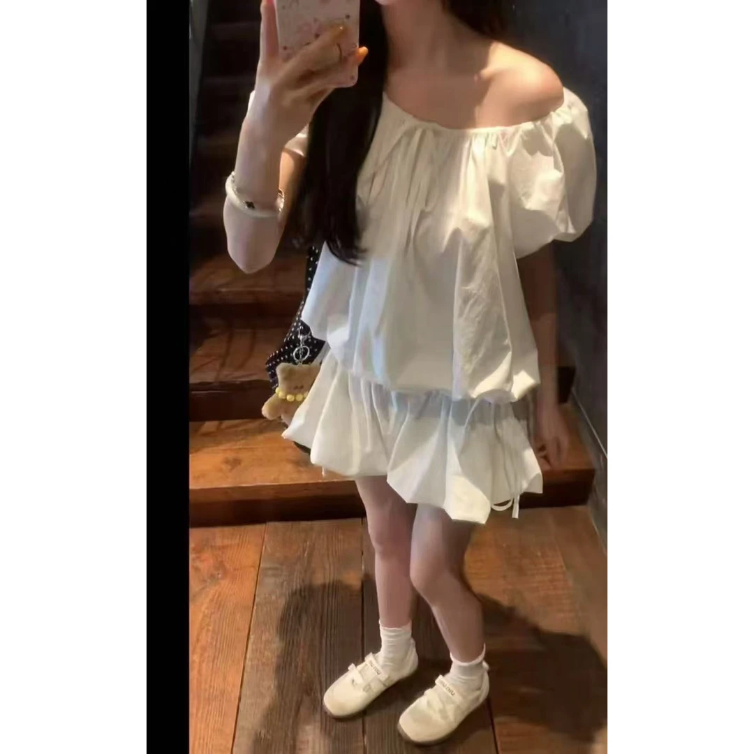 008-F3920-泡泡袖 抽绳花苞连衣裙