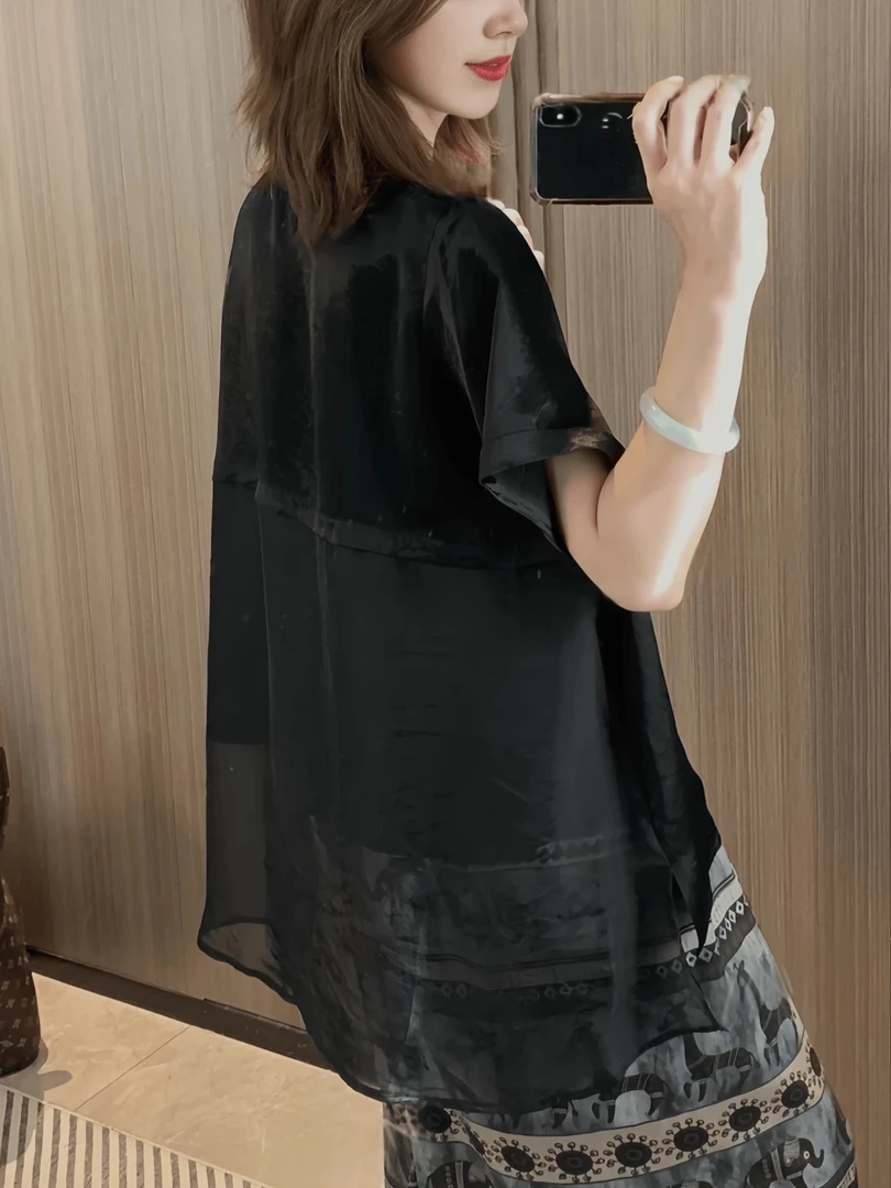 醋酸缎面高级感时尚休闲拼接短袖T恤2025夏大码宽松显瘦百搭上衣