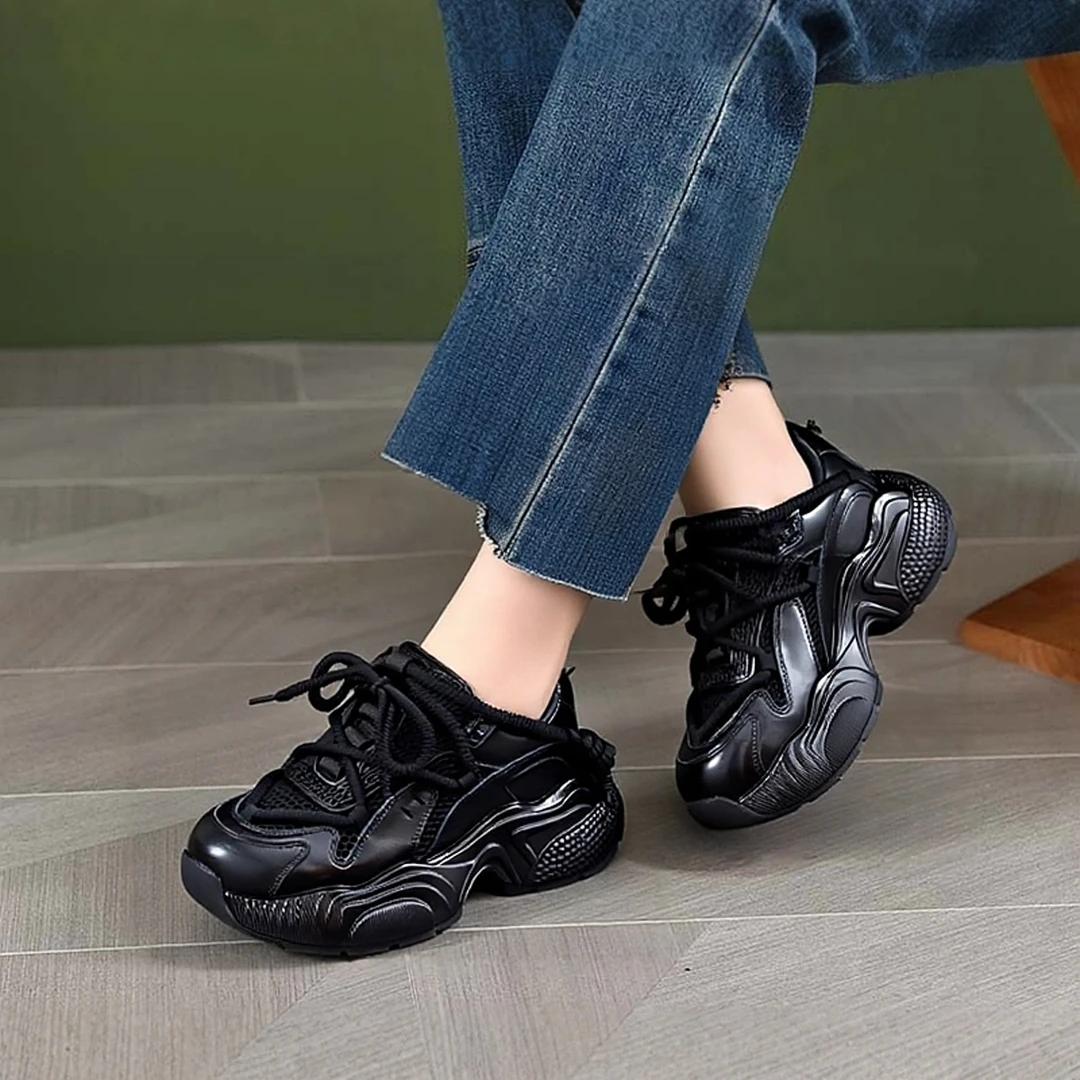 真皮厚底老爹鞋女2025春季新款款轻便运动休闲女鞋低帮鞋网面鞋潮