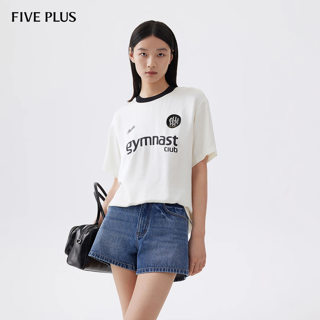FIVE PLUS秋装衬衫女短袖上衣套头衫刺绣字母图案徽章2LN3010370