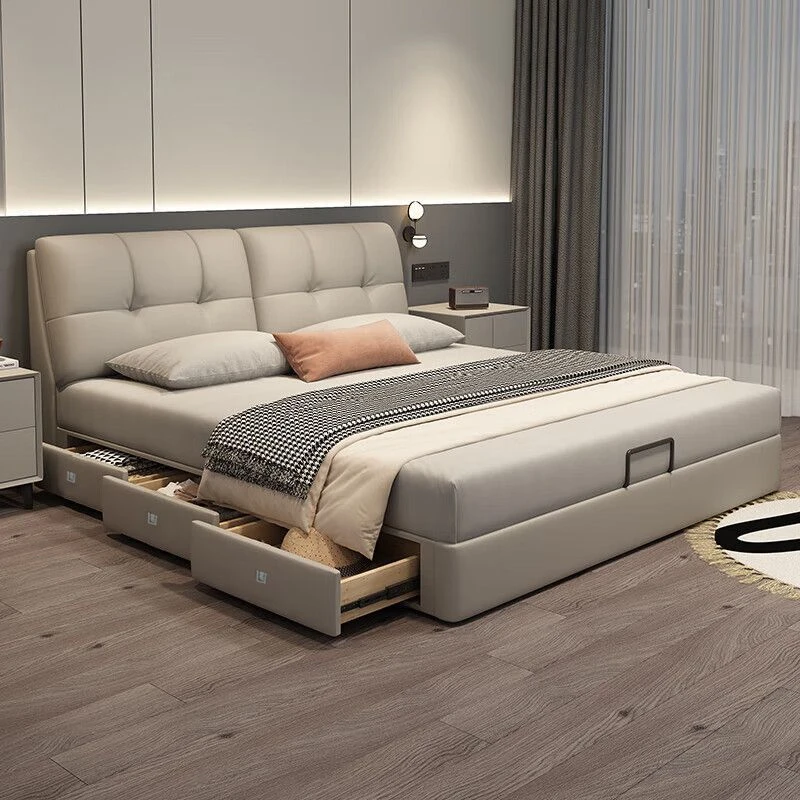 意式真皮床主卧大床双人床简约软包床新款婚床储物床