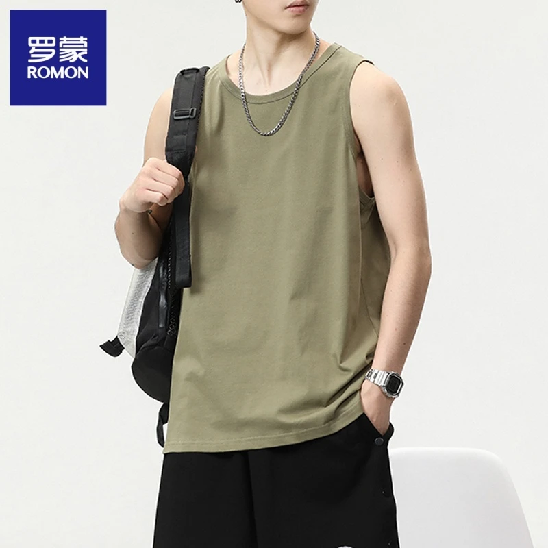 罗蒙夏季纯棉无袖背心男宽松潮牌ins美式坎肩运动健身纯色短袖潮