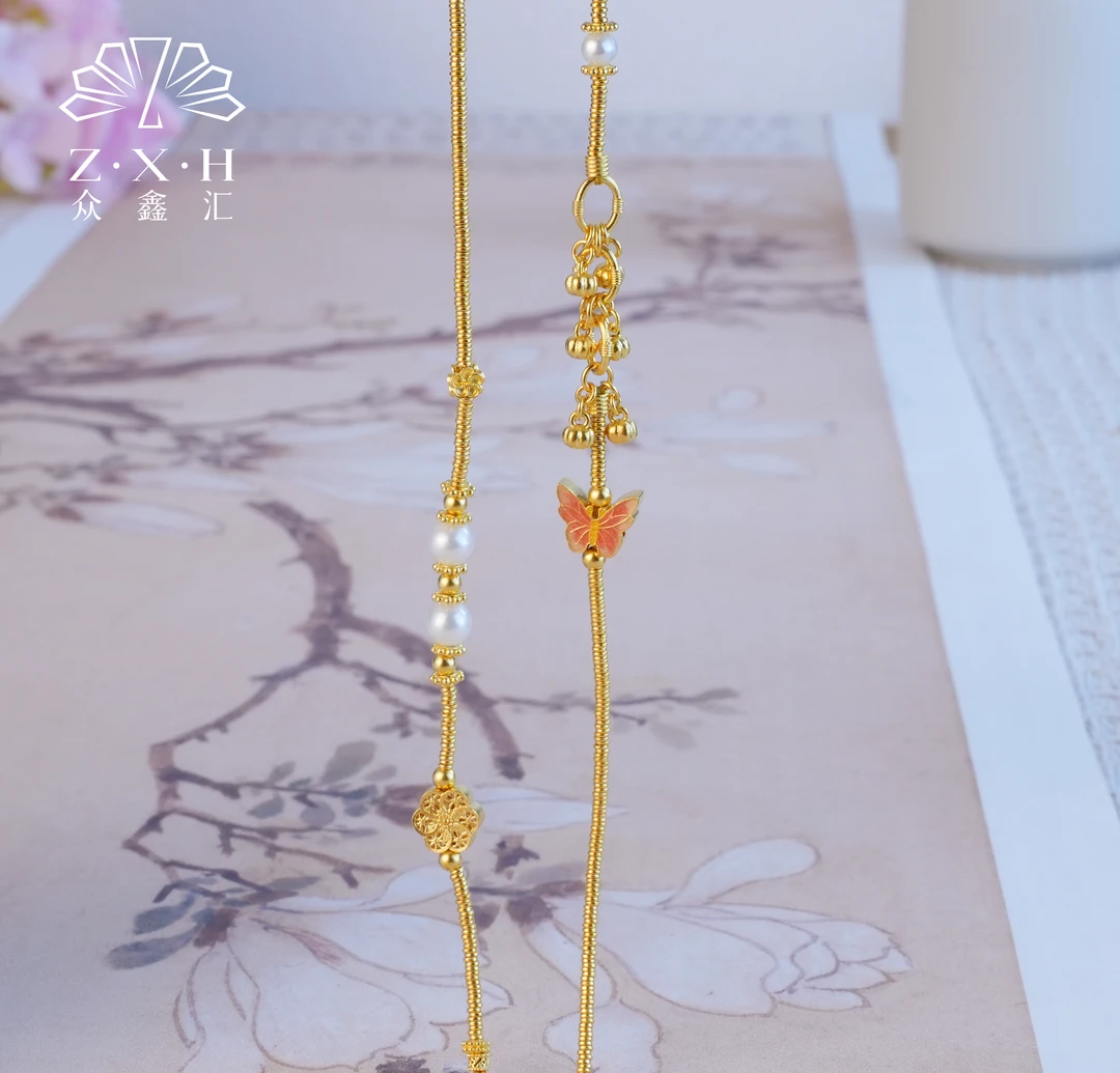 {众鑫汇}足金999 珐琅彩粉蝶珠韵手工单钩万能链