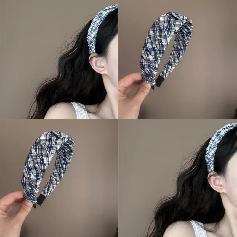 复古牛仔蓝布艺褶皱格纹发箍头箍压发发卡气质洗脸百搭夏日感头饰